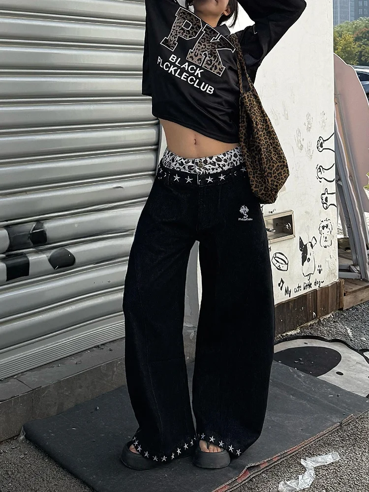 

Retro American Street Design Leopard Print Waistband Patchwork Jeans Men's Women's Star Print Floor-Length Pants