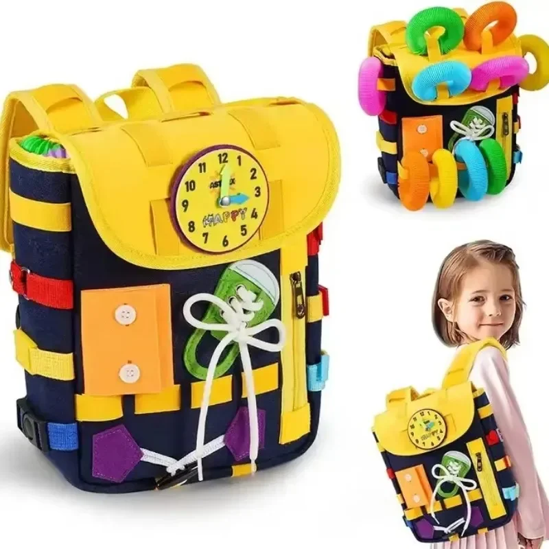 モンテッソーリ フェルト バックパック 幼児用 バックル ジッパー付き ビジーボード 感覚玩具 学習活動 微細運動能力 旅行