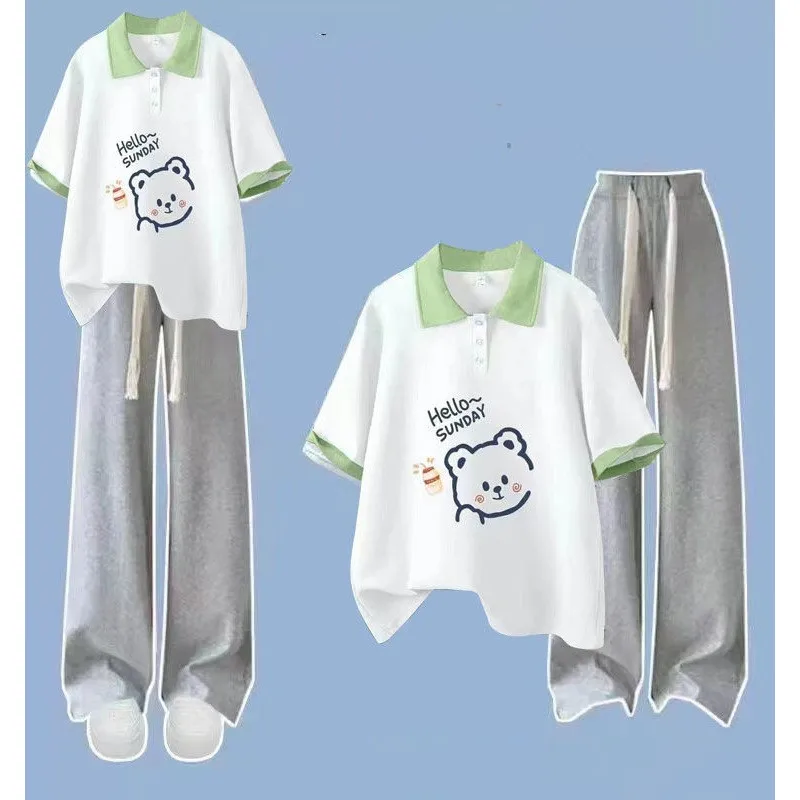 Summer girls' short sleeved polo collar T-shirt+fashionable wide leg pants two-piece set