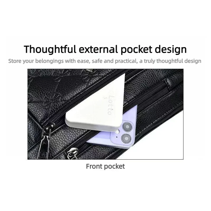Damen Crossbody-Handtasche aus PU-Leder, große Kapazität, mit mehreren Fächern, schwarze geprägte Umhängetasche für Ausflüge und Partys – Detail 3