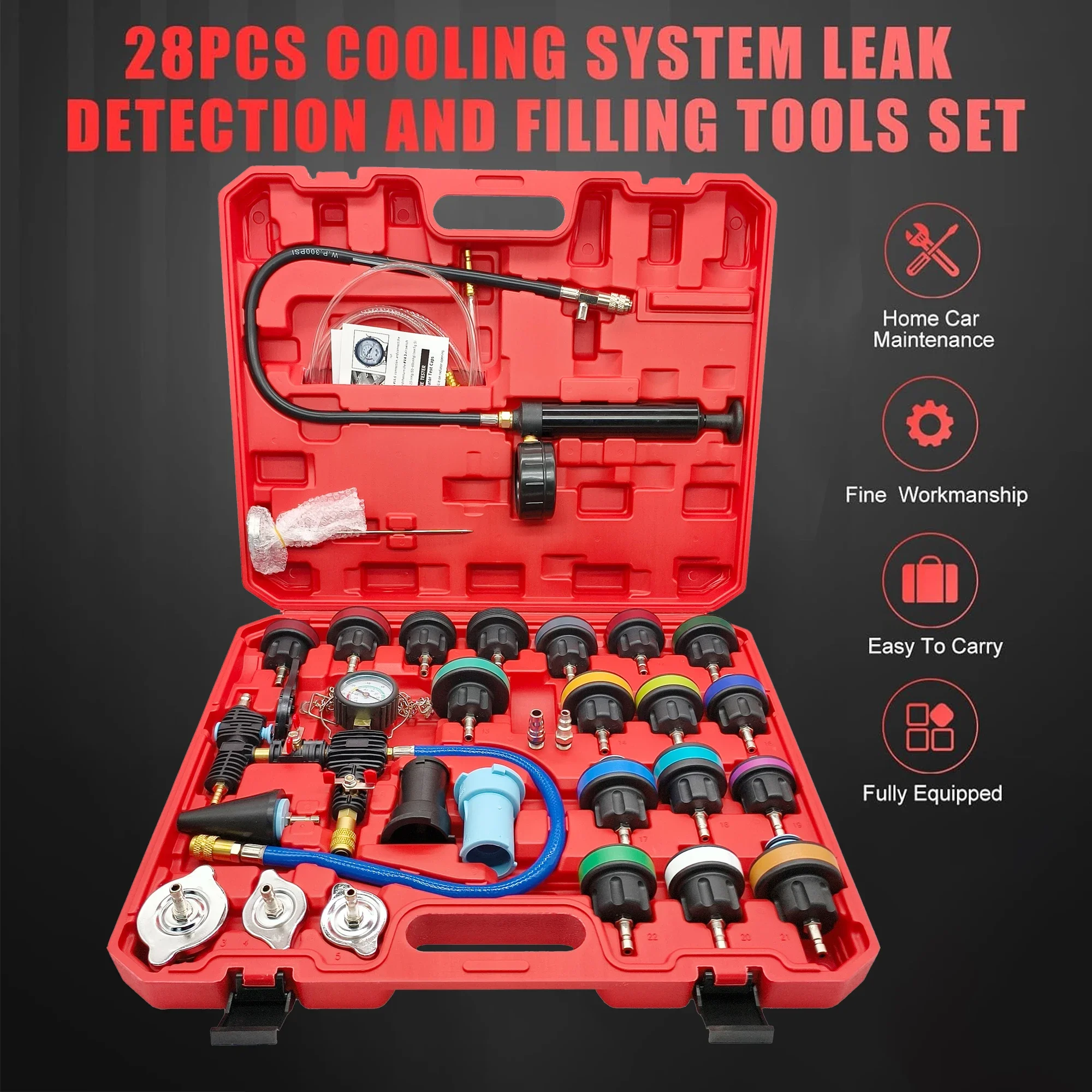 28PCS Universal Radiator Pressure Tester, Vacuum Coolant Refill Kit Car with Cooling System Leak Detector and PVC Case