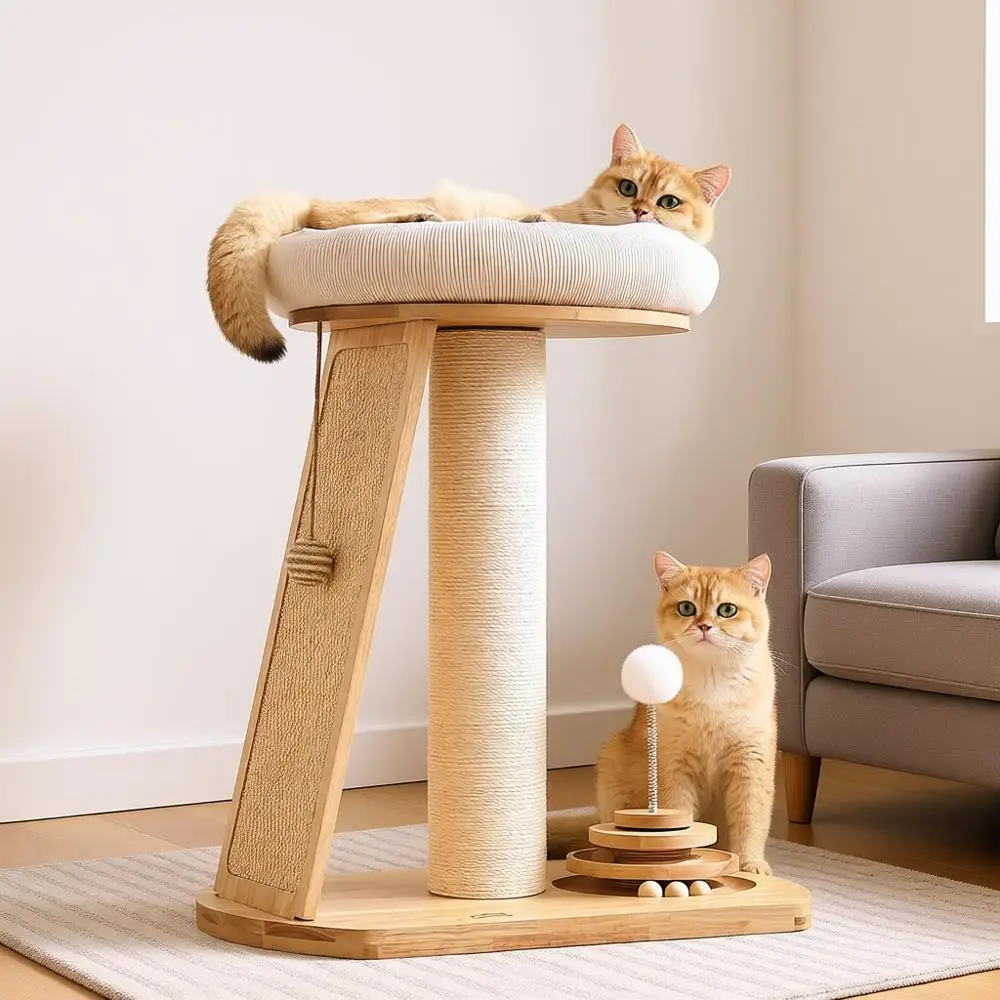 

Деревянная лежанка-шармель для кошек с лежаком и лотком для когтей, маленькая кошачья башня с отсоединяемой лежанкой и доской для когтей, кошачья башня с игровыми элементами