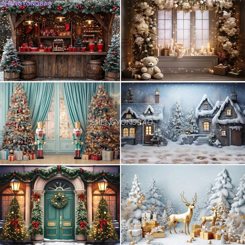 

Festive Christmas Room Fireplace Photography Backdrops Winter New Year Holidays Party Xmas Tree Window Photo Background BR-09