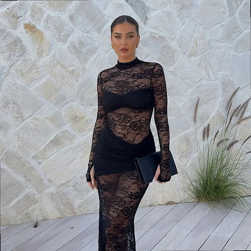 Sexy Jacquard Lace See Through Dress Bodysuit Mini Dress Semi High Neck Long Sleeve Bodycon Dress
