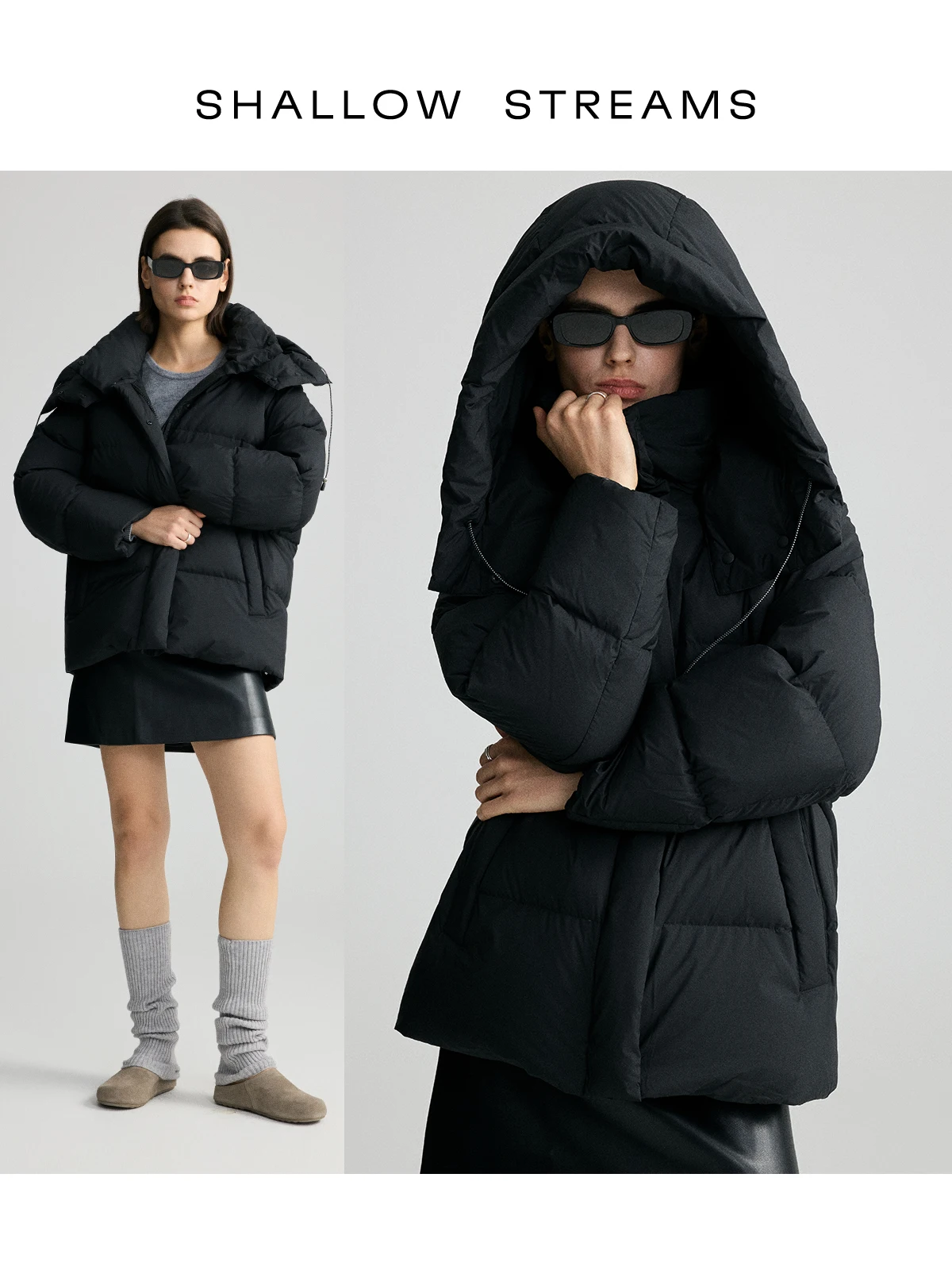 

Sea Winter Bla Warm Du down Padded Jaet Thiened Hooded down Outerwear Women's Faion Commute Sle Pure Color