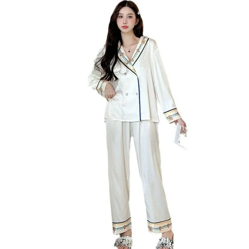 Korean Style Fashionable Women\'s Ice Silk Pajamas Spring New Leisure Thin Nightclothes Set Female High-end Loose Homewear Suit