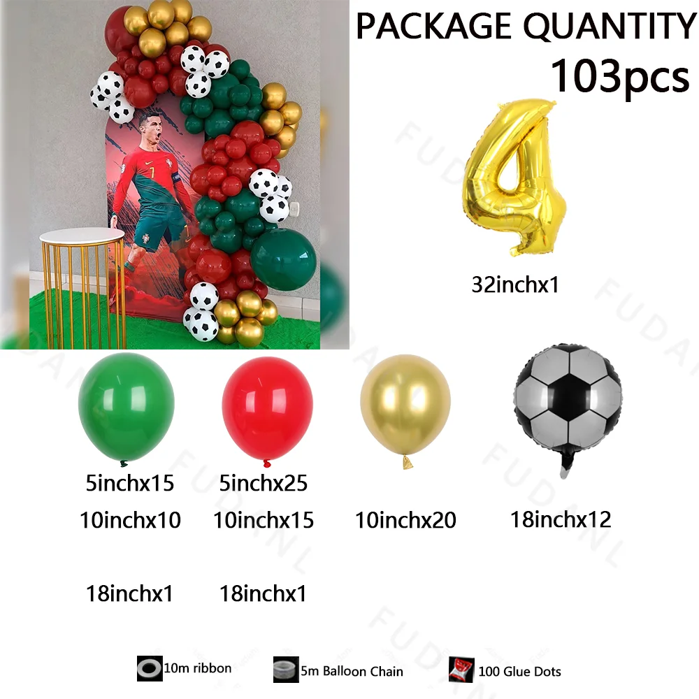 Arche de ballons de football en latex rouge et vert, 103 pièces, décoration de fête d'anniversaire pour garçon, jouets pour enfants