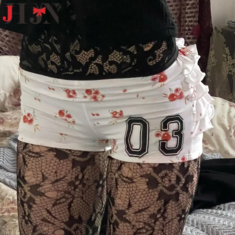 JHJN New Women Shorts Back Tiered Ruffle Bottoms Cherry Print Folds Britches Low Waist Bottoms Hotties Clubwear Y2k Streetwear