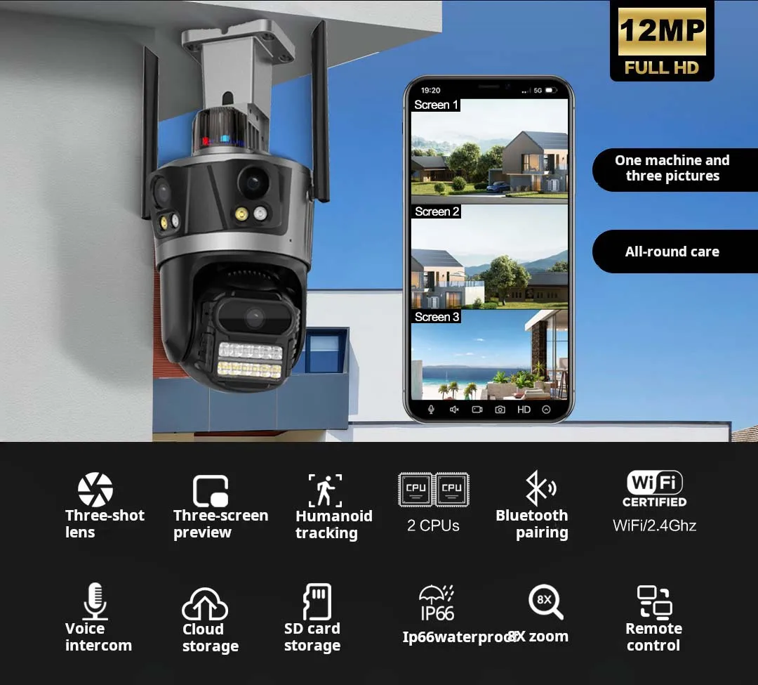 Three Lens IP Camera 6K 12MP WiFi Wireless Security Protection Outdoor PTZ Human Auto Tracking CCTV Video Surveillance Icsee App