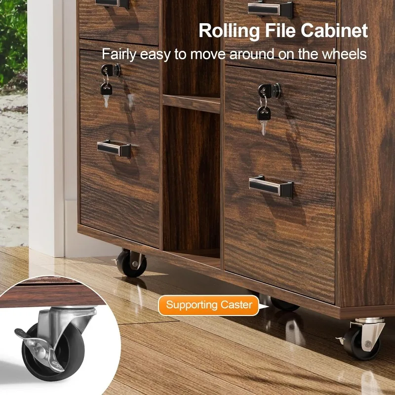 VINGLI Wide 4 Drawer File Cabinet with Lock, Wood Lateral File Cabinet with Open Shelves, Lockable Rolling File Cabinets