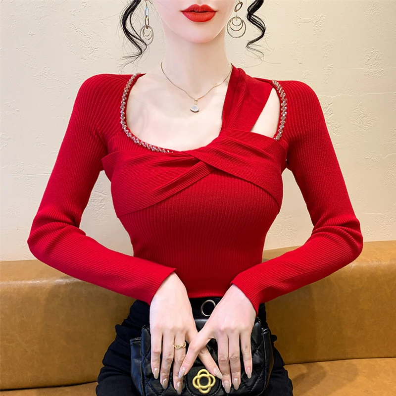 

2025 новый корейский модный женский свитер с бриллиантами, нерегулярная полая трикотажная рубашка, пуловеры с длинными рукавами, топы