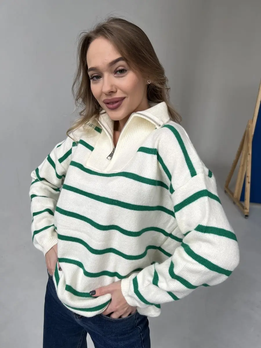 

Новые женские полосатые вязаные свитера на молнии до середины груди с отложным воротником, с длинным рукавом, повседневные, на весну