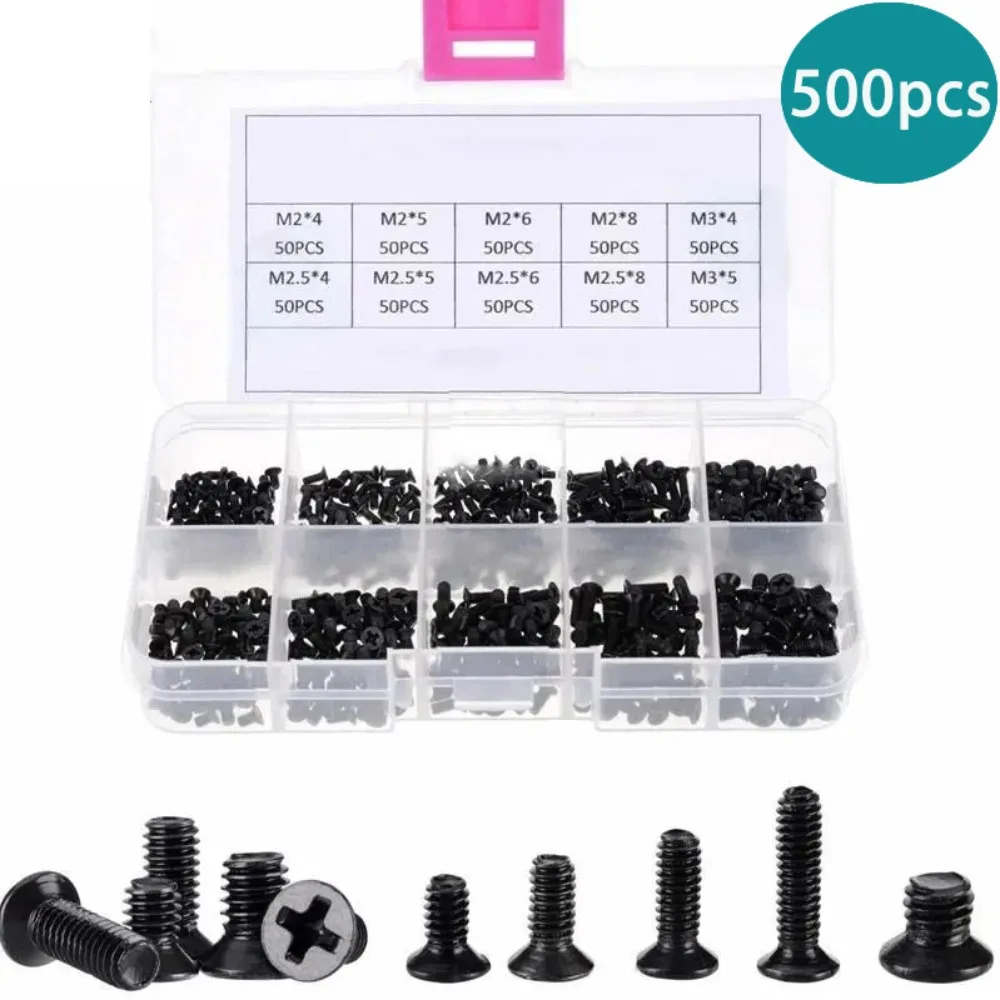 500Pcs New Metal Cross Self-Tapping Screws Black Round Head Laptop Screws M2 M2.5 M3 Repair Screws Computer Repair