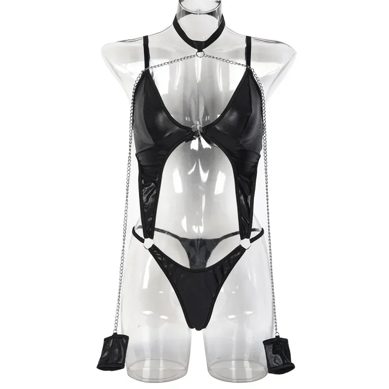 Bikini Fashion Dark Style Pu Leather Sexy Exposed Navel Body-Shaping Corsets with Bracelet Backless Sex Clothing