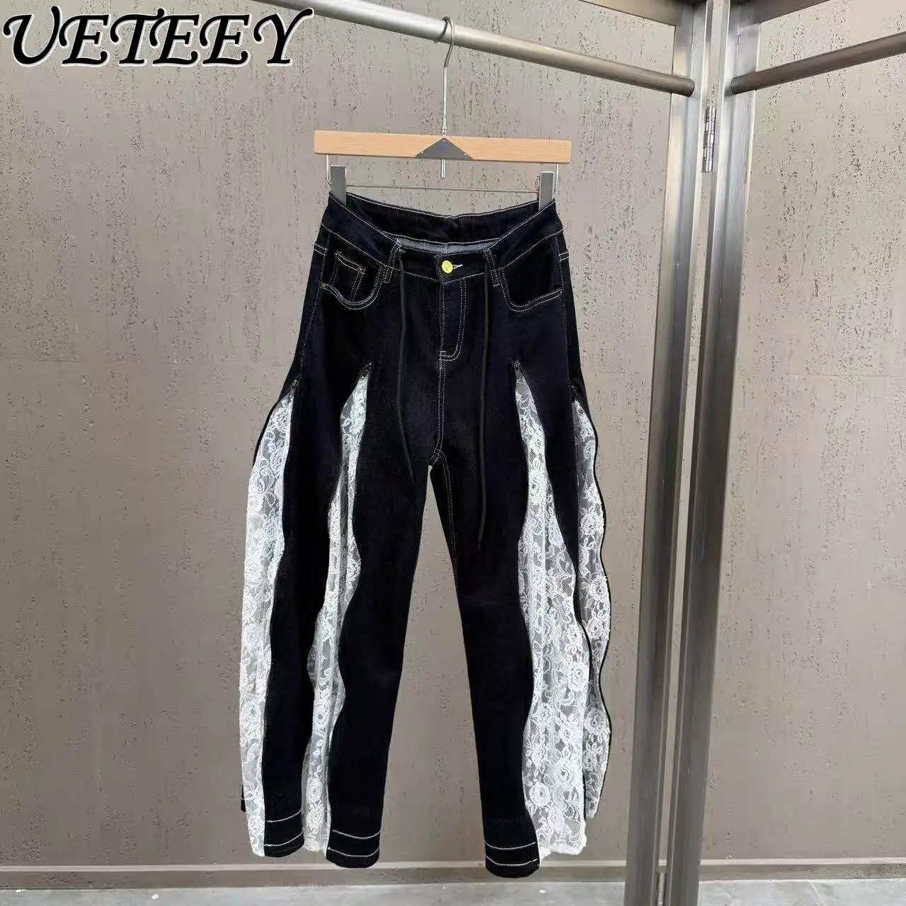 

Spring/Summer 2026 American Hot Girl Style Lace Patchwork Denim Jeans Two-Way Wear Invisible Zipper Wide-Leg Design Pants