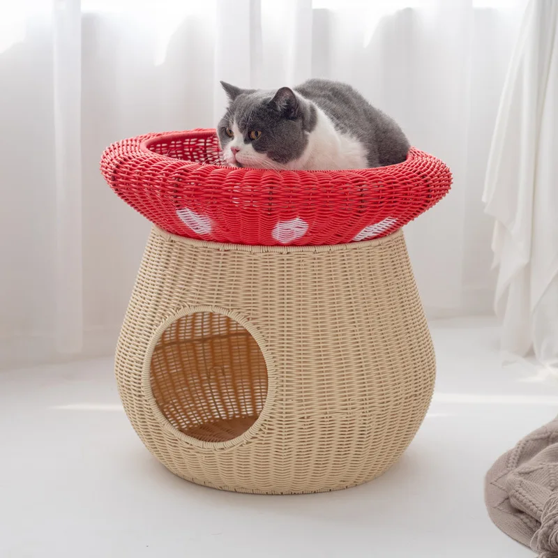 

Red Mushroom Pet Bed Imitation Woven Rattan Cat House All-Season Cozy Cat Shelter Stylish and Breathable Pet Carrier for Outdoor