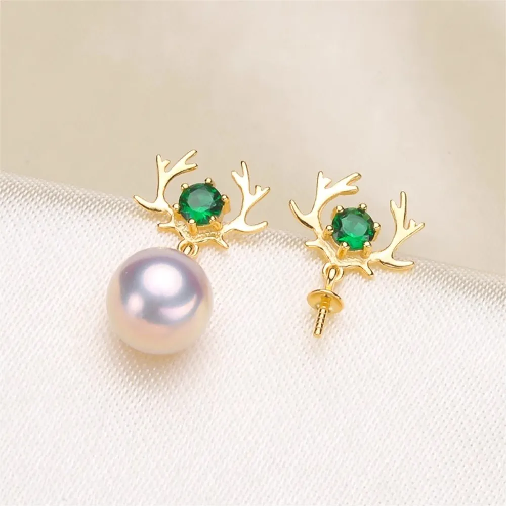 

DIY Pearl Accessories S925 Silver Emerald Elk Horn Pearl Jade Earring Holder Fit 8-10mm Round Oval Beads E137