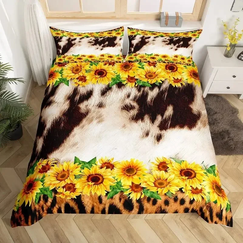 

Cowhide Sunflower Duvet Cover Set Microfiber Cow Fur Bedding Set Western Farm Animal Skin Cowboy Comforter Cover Twin King Size