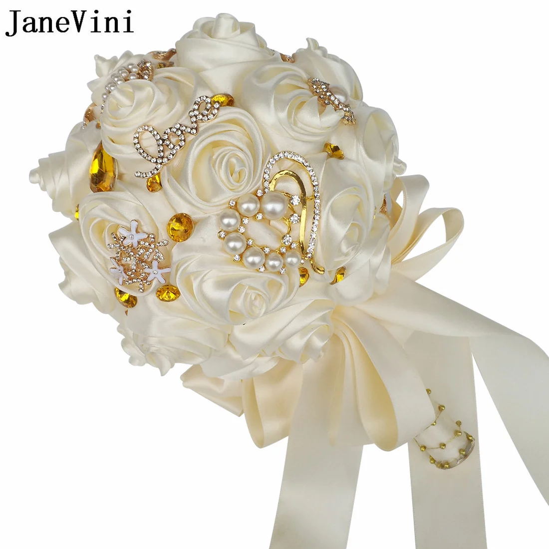 JaneVini Gold Crystal Diamond Bridal Wedding Bouquet Pearls Ivory Ribbon Rose Beaded Bride Flower Bouquet Fleurs Fleur Bordeaux