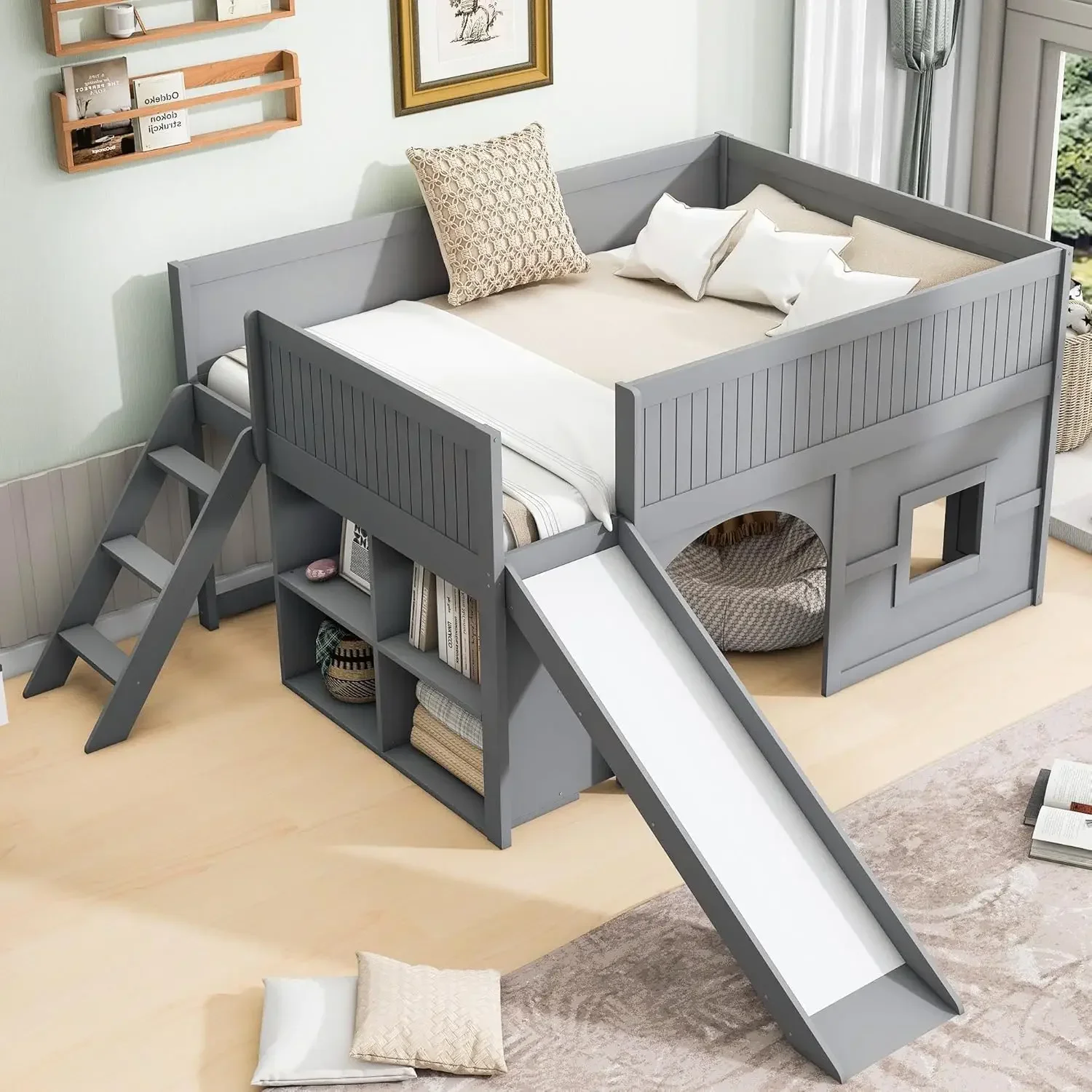 Merax Full Size Loft Bed with Slide & Stairs, Low Loft Bed for Kids, Solid Wood Bed Frame with Storage Shelve, Guard Rails, Slat