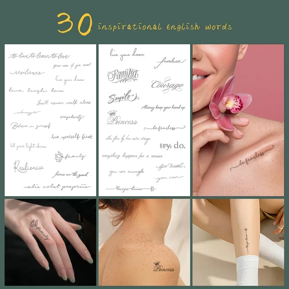 30 Inspirational Tattoo Stickers Temporary Waterproof Body Art English Alphabet Fake Tattoo for Woman Semi Permanent Flash Tatto