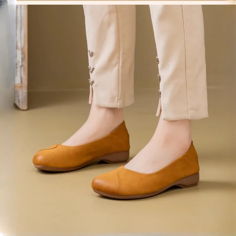 Mom's shoes Spring and Autumn genuine leather comfortable flat sole single shoe soft sole leather women's shoes