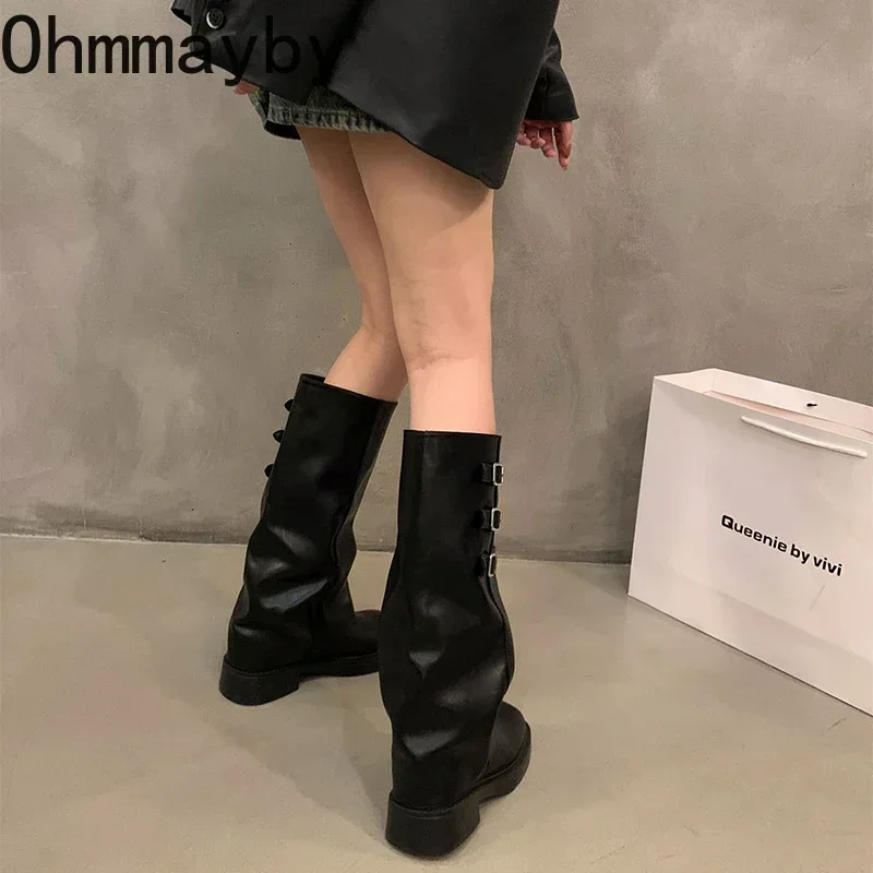 2024 Winter Cowboy Boots For Women Fashion Belt Buckle Long Boots Female Elegant Square Heel Women\'s Knight Bootties