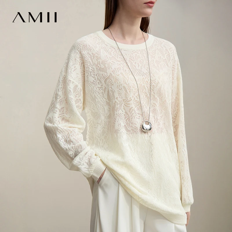 

Amii Women's Pullover 2026 Spring New Round Neck Loose Fit Drop Shoulder Sweater Jacquard Knit Long Sleeve Casual Tops 12651021