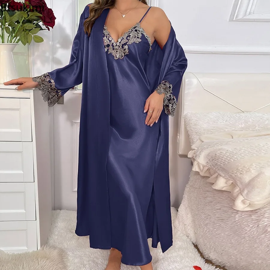 New 2025 Imitation Silk Lace Trim Women's Bathrobe and Sleeveless V Neck Nightgown Female Two Piece Sleepwear Lace-up Nightwear