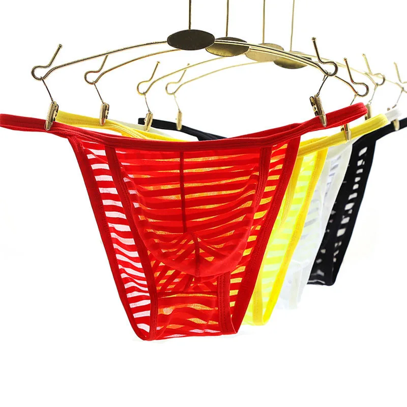 

Underwear Men Briefs Transparent Ice Silk Striped Men Briefs Sheer Slip Gay underwear Convex Pouch Underpant Sexy Lingerie