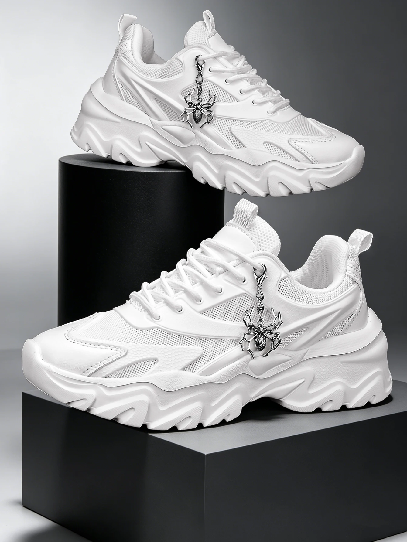 

Women's 2026 New Sweet-Cool Y2K Style Thick-Soled 5cm Height-Increasing Dad Shoes, Trendy High Street Style, Versatile Casual White Sneakers, Breathable Mesh Fabric with Snake Print Texture Upper, Detachable Silver Retro Spider Metal Charm, Round Toe Lace