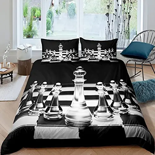 International Chess Duvet Cover Set Black White Lattice Checkerboard Comforter Cover Competition Game for Kids Teens Bedding Set