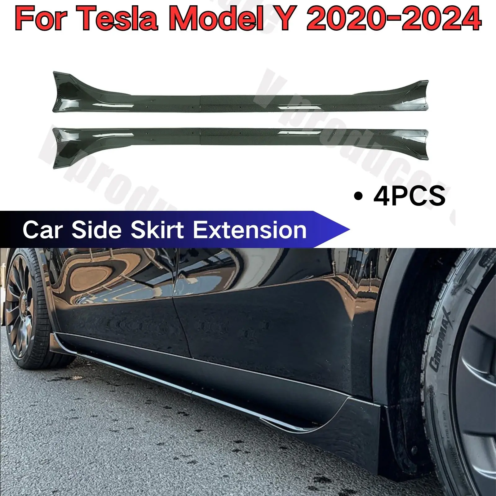 For Tesla Model Y 2020 2021 2022-2024 Car Side Skirt Extension  Accessories Body Kit ABS Glossy Black Carbon Fiber Print