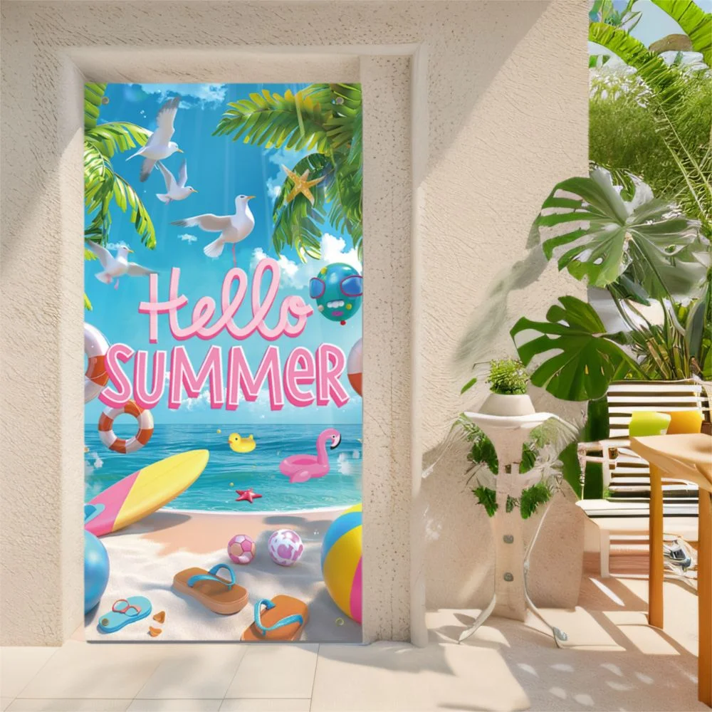 

Cartoon Hello Summer Hawaiian Backdrops Tropical Design Polyester Party Hanging Banner Beach Style Photography Backgrounds