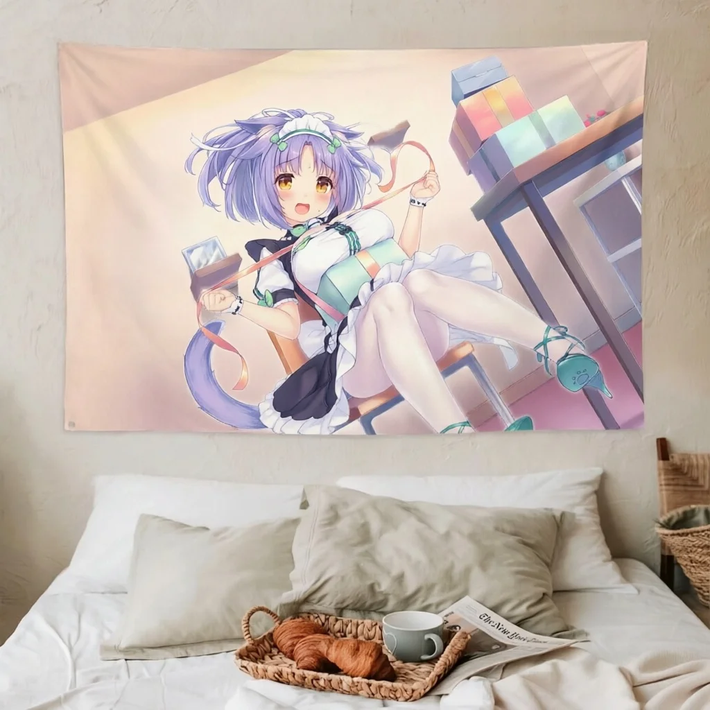 Nekopara Cinnamon Kawaii Tapestry Purple Hair Maid Cat Girl Gift Box Anime Wall Hanging Teen Girls Dorm Gaming Bedroom Decor Gif