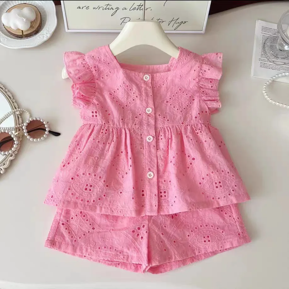 Hollow Out Pink Flying Sleeve Shirt Shorts Two Piece Set Summer New Sweet and Simple Thin Casual Set