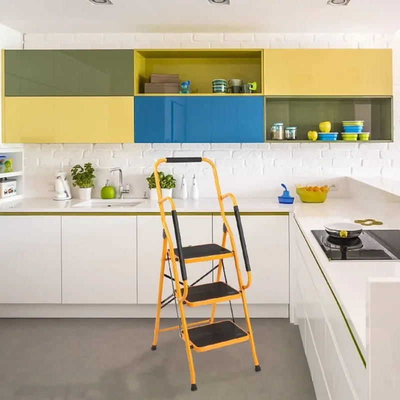 Premium 3-Step Folding Step Ladder – Heavy-Duty Iron 330lbs Capacity With Safety Lock Non-Slip Feet Handgrip For Home Office