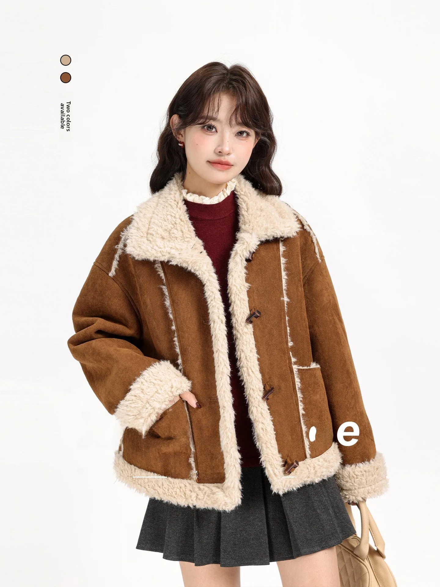 

Korean Sle Thiened Suede Lamb Fur Jaet Winter Warm Outerwear Women's Stand Fit Coat with kets Long Sve Button ...