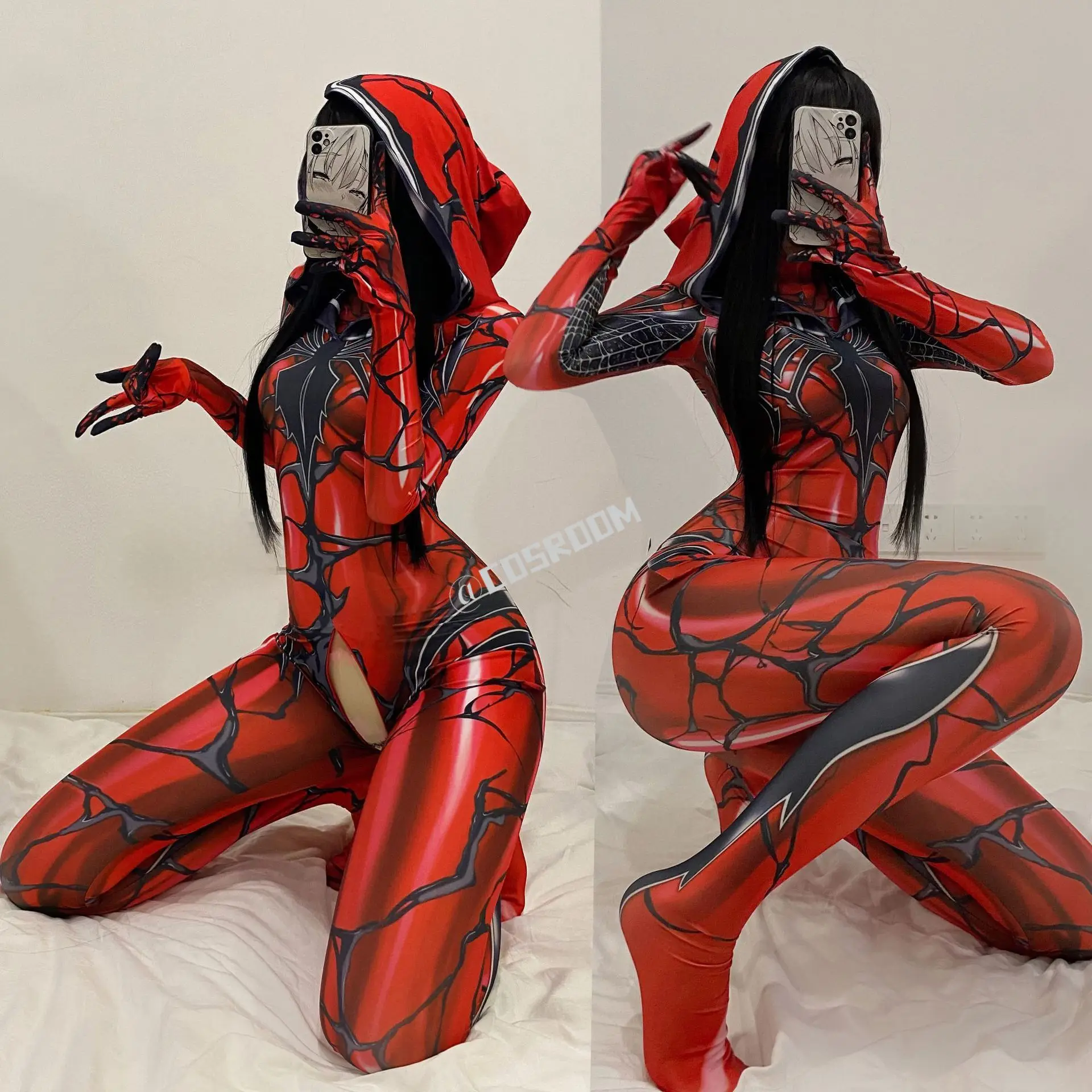 Venom Spiderman Costume Donna Sexy Zentai Suit Tuta Spandex Zentai Con apertura sul cavallo Tuta Costume da supereroe Costumi da festa