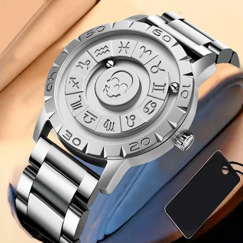 FOXBOX 2026 New Luxury Skull Watch Men Fashion Creative Scrolling Pointer Magnetic Force Quartz Man Wristwatch Montre Homme+BOX