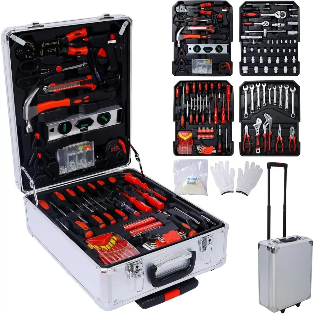 Complete 899-Piece Home Repair Tool Kit with Rolling Storage Box, Ideal for Homeowners and DIY Enthusiasts
