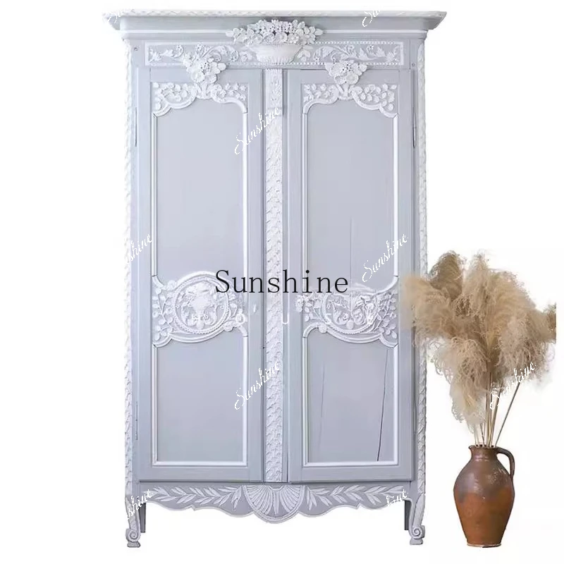 French retro old solid wood wardrobe double door hand-carved palace storage cabinet can be customized  FT