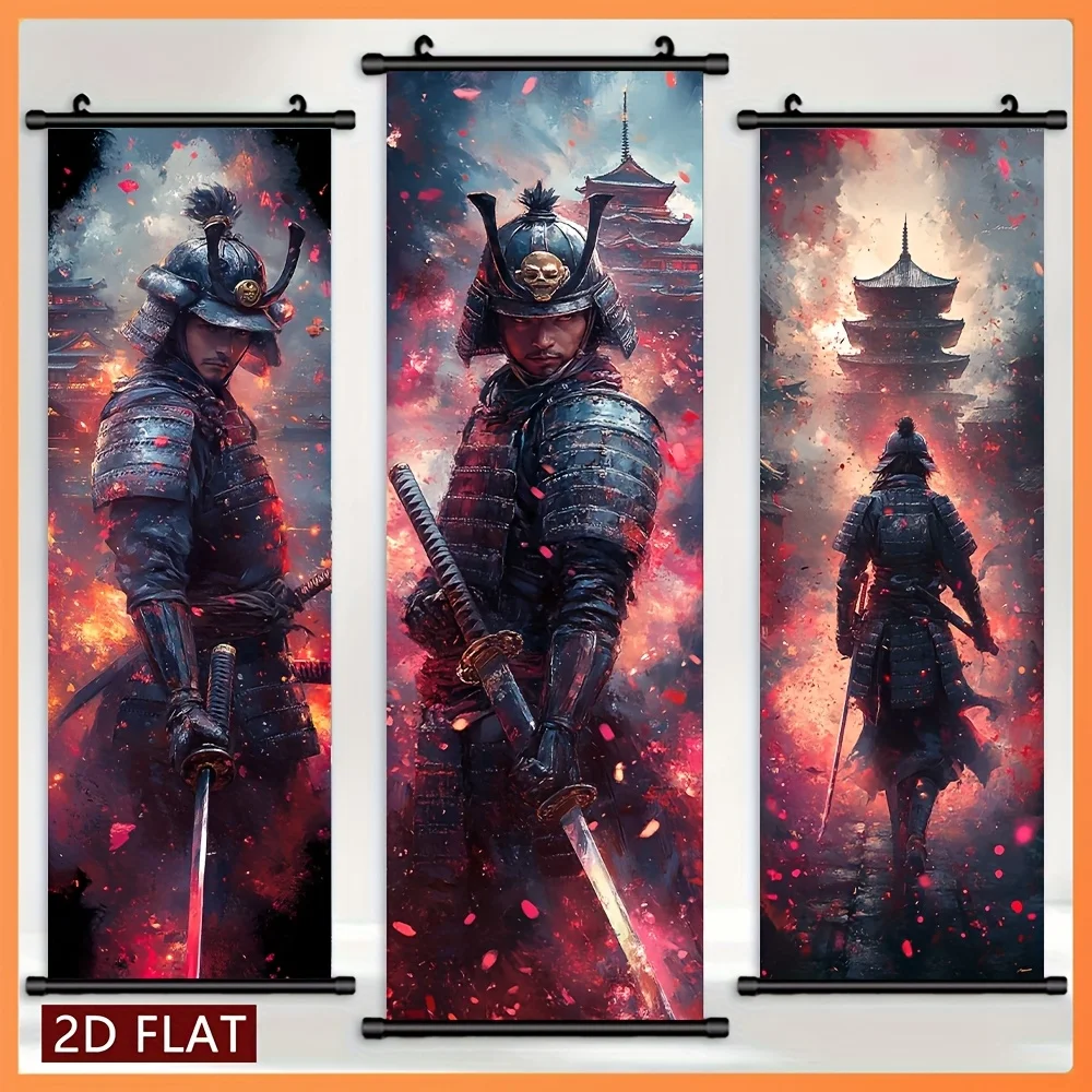 VIKAMA Flame Cherry Blossom Armored Warrior Scroll Tapestry, HD Fade Resistant Wall Hanging Scroll for Japanese Room Decor