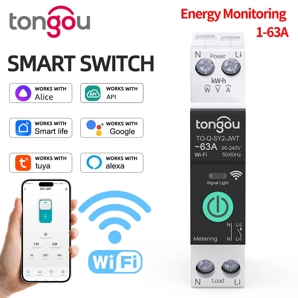 TUYA WiFi قطاع دارة ذكي أكثر من التيار تحت الجهد حماية قياس الطاقة 1-63A مفتاح تحكم عن بعد لاسلكي TONGOU