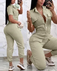 New Fashion Women Working Jumpsuit Short Sleeve Pocket Design Turn Down Collar  Elastic Waist Drawstring Cuffed Cargo Jumpsuit