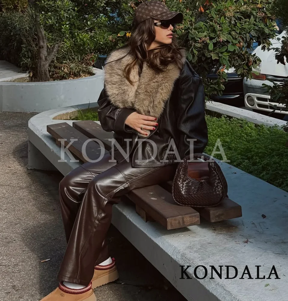 

KONDALA осенне-зимняя куртка из искусственной кожи с лацканами из искусственного меха, свободная куртка, женское пальто, новинка 2025, модная винтажная уличная женская куртка