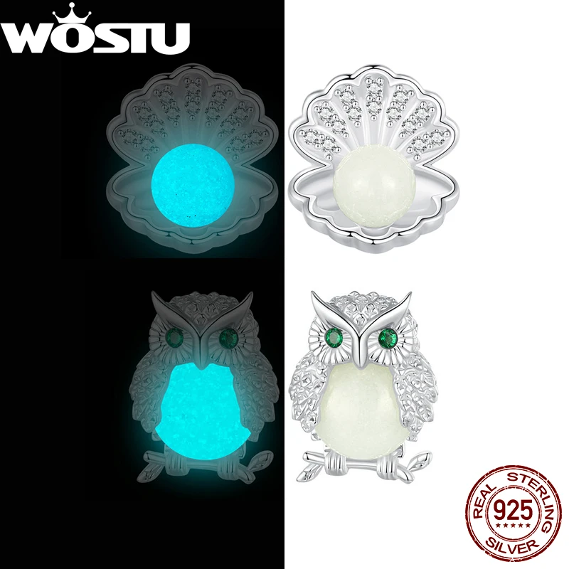 WOSTU 925 Sterling Silver Luminous Night Pearl Shell Owl Flower Earrings for Women Gift Trendy Animal Jewelry