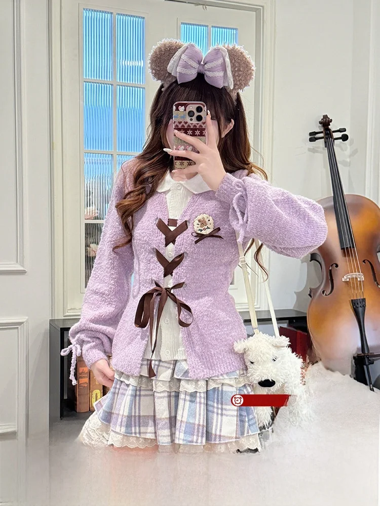 

Sweet Lazy Sle Purple Faux Two-Piece Sweater Women's Knitted Coat Outerwear Autumn Winter Warm Elastic Fiber Long Sve