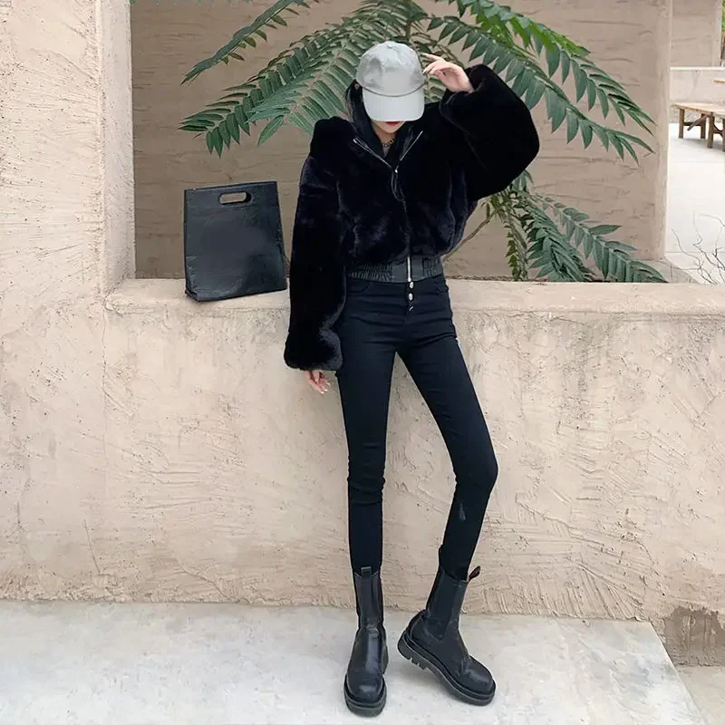 TPJB New Furry Cropped Faux Fur Coats and Jackets Women Fluffy Top Coat with Hooded Winter Fur Jacket Manteau Femme
