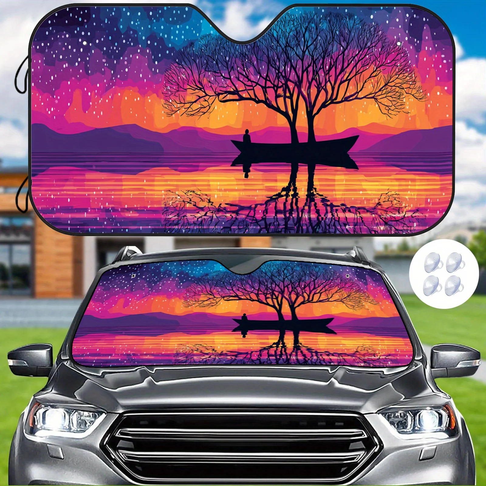 Dream Tree Shadow Car Sun Visor - Gradient Colorful Night Sky Design With Silhouette Figures, Heat-Blocking & Temperature Stabil